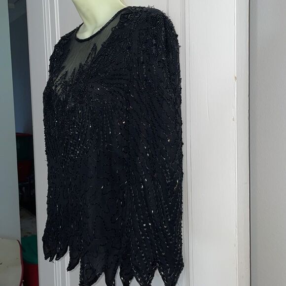 Vtg Laurence  Kazar black beaded & sequined dressy blouse - Picture 5 of 12